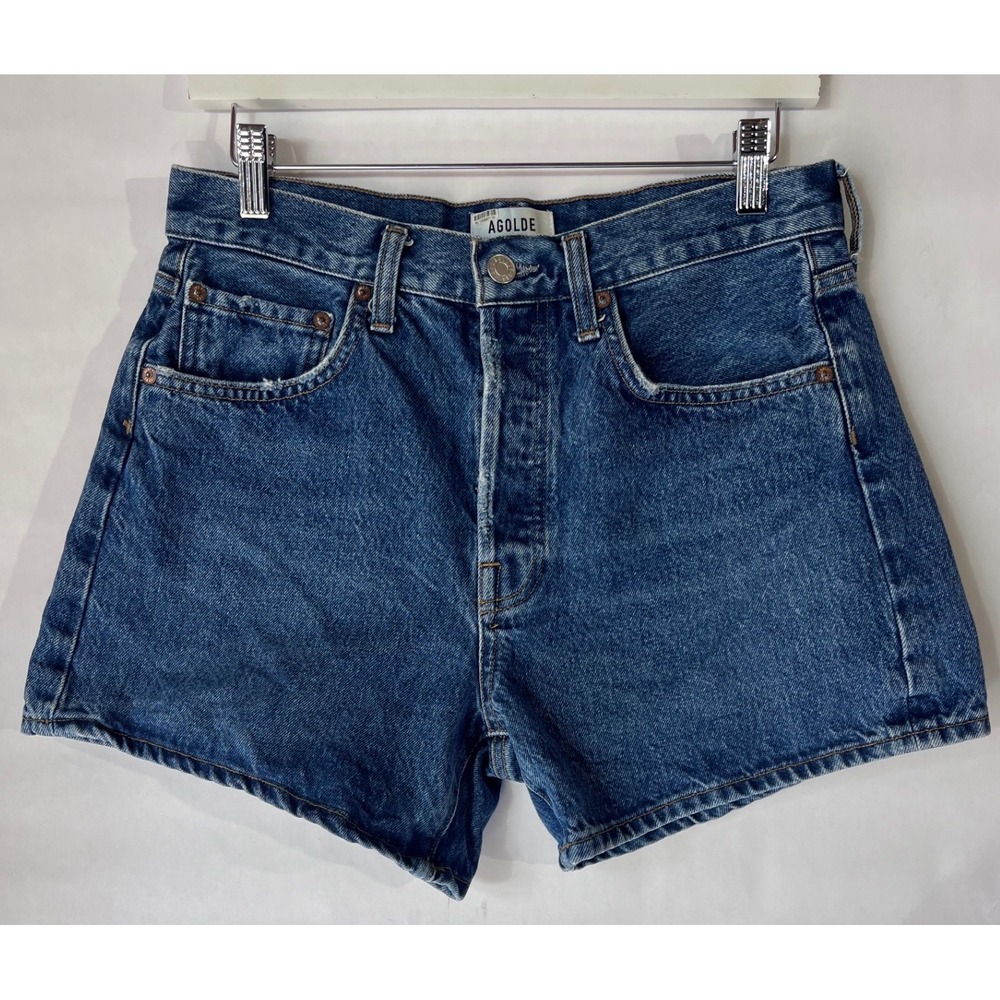 AGOLDE Parker Long High Rise Denim Shorts Medium Wash Blue 27 A9127-1371